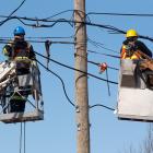 Two electrical technicians next to power lines