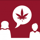 Graphic image of parent and child with cannabis leaf in speech bubble