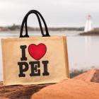 I Love PEI reusable bag with Victoria Park Lighthouse in background