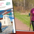 L’image de la couverture du plan d’action Promouvoir le mieux-être, préserver la santé est superposée sur la gauche d’une photo d’une femme aînée qui se promène sur un sentier bordé d’herbe et d’arbres.