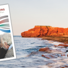Thumbnail image of Poverty Reduction Action Plan for PEI cover in foreground with image of red cliffs of PEI coastline in background