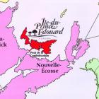 Line drawn map of Atlantic Canada showing PEI location with map of Canada inserted in bottom right corner showing location of PEI