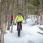 Trio of persons riding fat bikes on trail at Bonshaw Provincial Park in winter