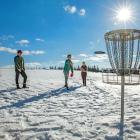 Group of four playing disc golf in winter