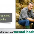 A man is sitting, smiling and petting a dog. The words on the image are Mental Health Supports , and the web link princeedwardisland.ca/mental-health-services