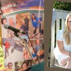Lynn Anne Hogan is shown here in two photos, standing at a microphone, and sitting looking at the camera. 