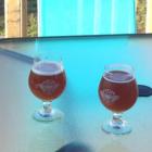 Beer glasses on patio table