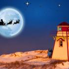 image of Santa in a sleigh by the moon and a lighthouse underneath