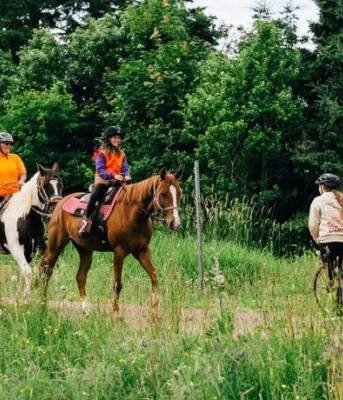 Deux personnes à cheval rencontrent un cycliste sur un sentier.