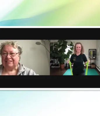 split image of two people one of them in a room and the other in a gym workout space