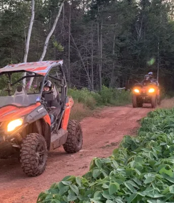 Two ATVs drive down a red dirt road with farmland on either side.