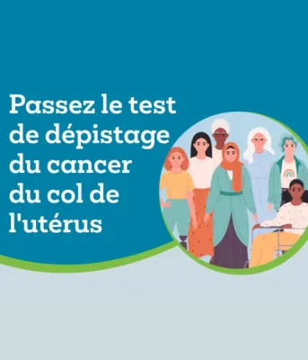 Illustration d’un groupe diversifié de personnes à côté du texte : “Dépistage du cancer du col de l’utérus”