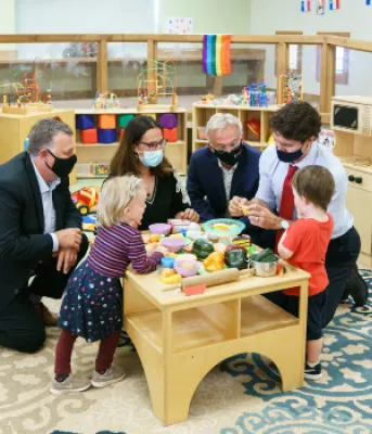 Premier Dennis King and Prime Minister Justin Trudeau play with children at local early years centre. 