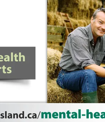 A man is sitting, smiling and petting a dog. The words on the image are Mental Health Supports , and the web link princeedwardisland.ca/mental-health-services