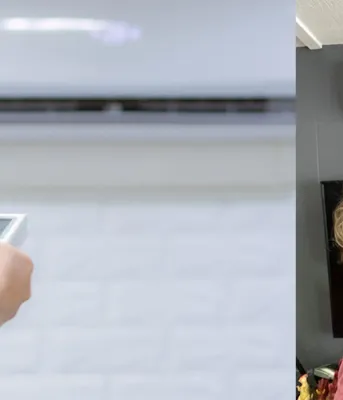 The left side of the photo shows a heat pump with a man's hand pointing a remote control towards it. The right side shows Jeannie Dixon and her three-year-old daughter Chandler standing in front of their new heat pump.