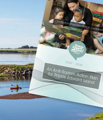image of a report front cover with a person reading to three children and a river in the background