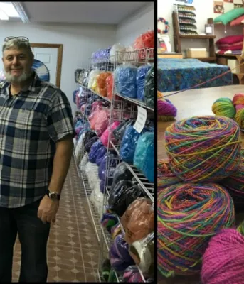 Doug and Linda Nobles stand in their shop at Belfast Mini Mills, and an accompanying photo shows colourful yarn made from a hand dyed blend of qiviut, alpaca, cashmere and silk