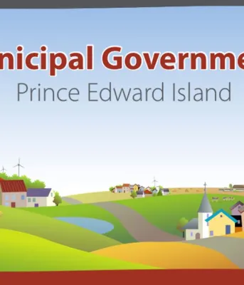 Graphic of muncipal area with rolling hills, buildings and water coureses