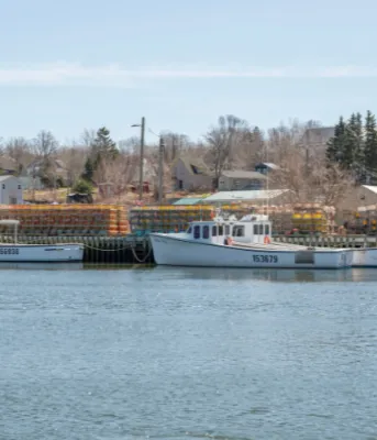 image of  fishing tied up at a dock with lobster traps on the wharf
