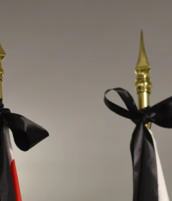 image of a pall with black ribbon on it.