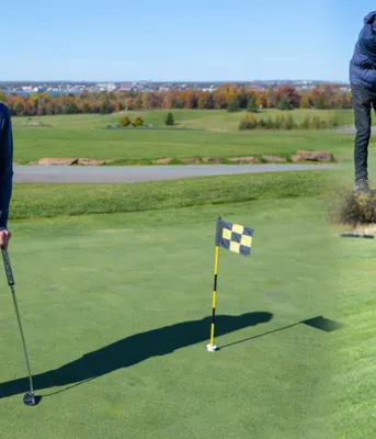 image of a person posing on a golf course and also taking practice shots