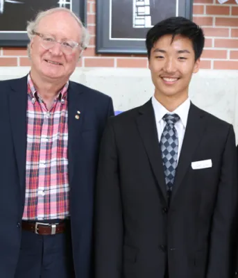 Premier Wade MacLauchlan and Minister Sonny Gallant with SHAD graduates, Zara Toupin Ramlal and John Zhou