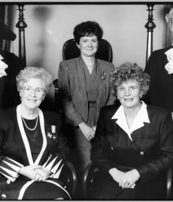 (From left) Speaker of the House Nancy Guptill, Lieutenant Governor Marion Reid, Leader of the Opposition Pat Mella, Premier Catherine Callbeck, Deputy Speaker Elizabeth (Libbe) Hubley. June 1993.