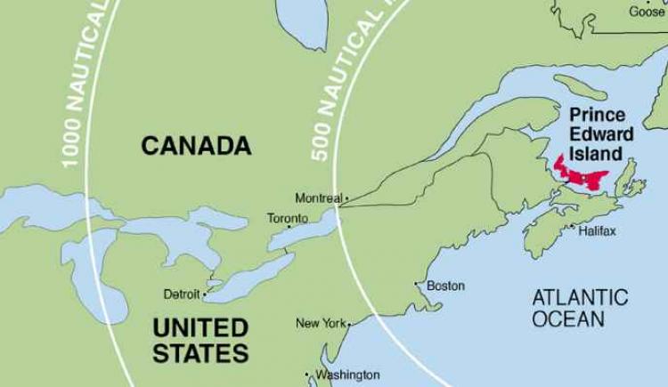 Line drawing of Canada / United States map showing location of PEI 