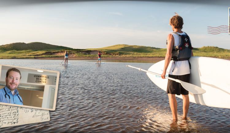 Image of male carrying paddle board to PEI beach with thumbnail image of physician as an insert