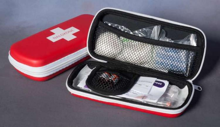 An open naloxne kit showing the contents. 