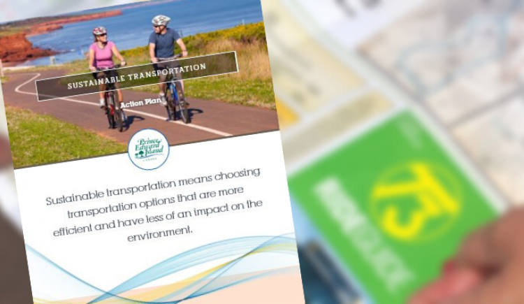 PEI Sustainable Transportation Action Plan cover with image of T3 transit schedule in background