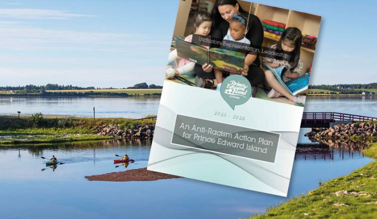 image of a report front cover with a person reading to three children and a river in the background