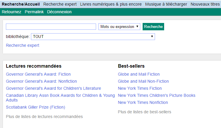 Capture d’écran du catalogue en ligne du Service des bibliothèques publiques de l’Île-du-Prince-Édouard